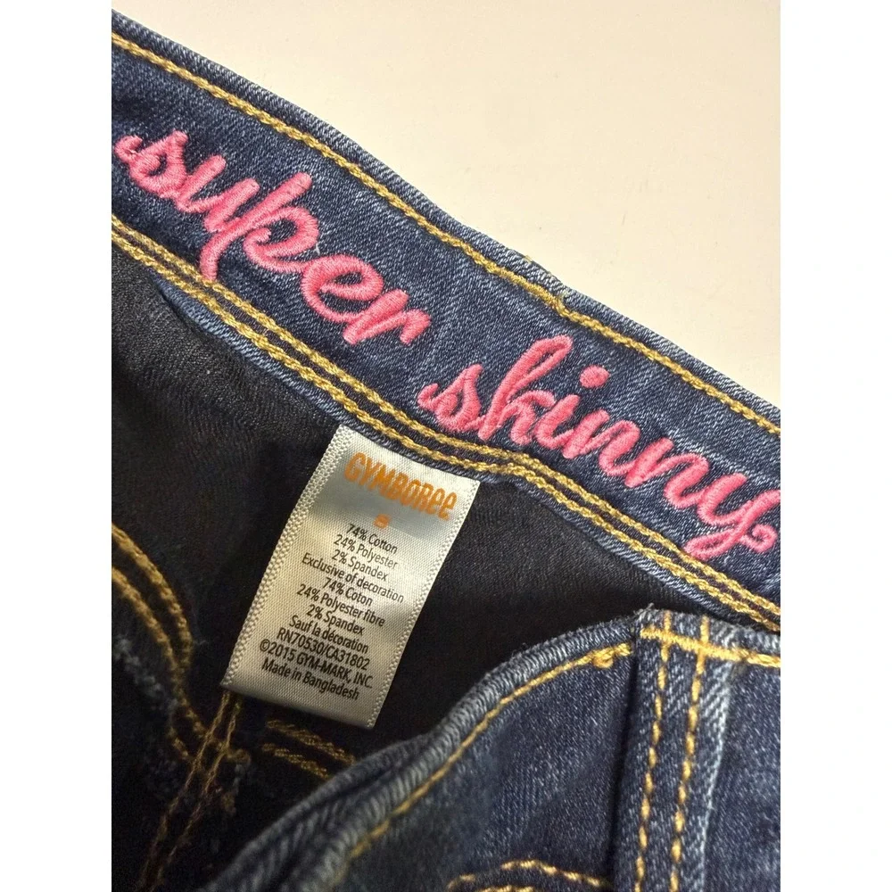 Gymboree Girls Super Skinny Dark Wash Denim Jeans Adjustable Waist 8 Heart Rivet